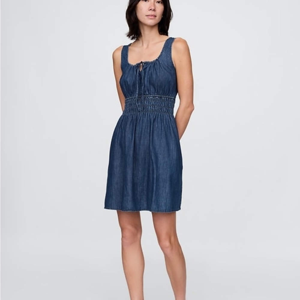 Gap Denim Tie-Front Smocked Waist  Mini Sleeveless Dress